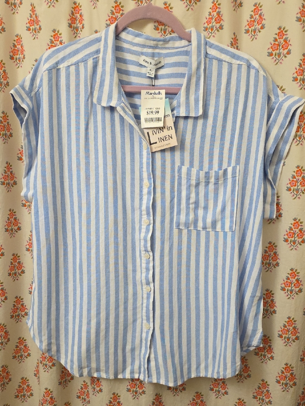 Madewell Blue & White Striped Linen-Blend Button Front Blouse